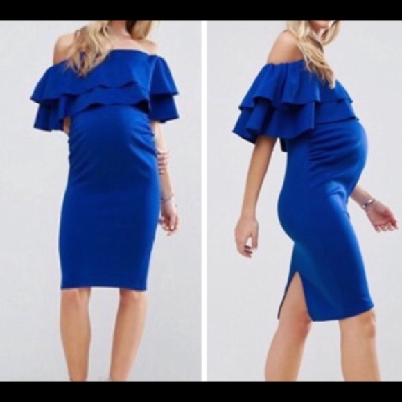 royal blue off the shoulder maternity dress